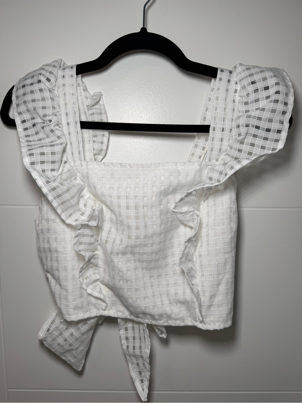 SHEIN White Square-Neck Ruffled Tie-Back Crop Top